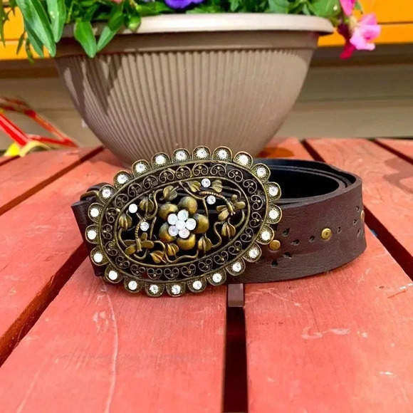 Source Unknown Accessories - Source Unknown Faux Leather Belt w Filigree Buckle w Faux Crystals XL Brown